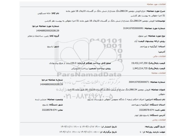 مزایده، فروش دوممیز 286134دانگ مشاع از شش دانگ در گلستان 10پلاک 18 طبق ماده 51 اجرا حقوقی به پیوست نظر کارشن