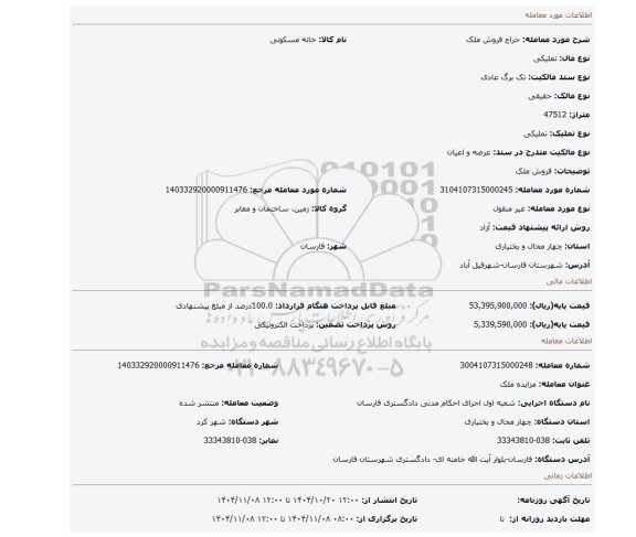 مزایده، فروش ملک