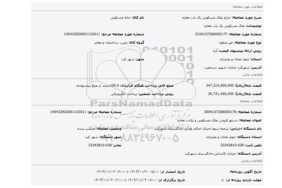 مزایده، ملک مسکونی یک باب مغازه