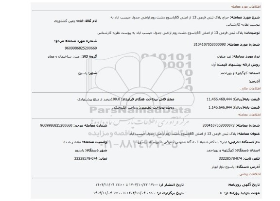 مزایده،  پلاک ثبتی فرعی 13 از اصلی 65یاسوج دشت روم اراضی جدول حبسب اباد  به پیوست نظریه کارشناس