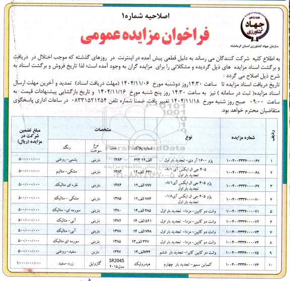 اصلاحیه مزایده فروش 10  دستگاه خودروی قابل شماره گذاری و یک دستگاه کمباین سمپو 
