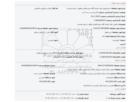 مزایده، فروش ملک تجاری  آقای  میثم افضلی واقع در خیابان واحدی