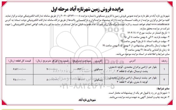 مزایده فروش زمین با کاربری مسکونی 
