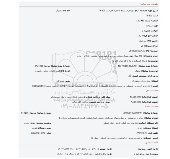 مزایده، اتو بخار ایستاده به مارک فلر مدل TS-200