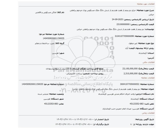 مزایده، دو پنجم از هفت هشتم  از شش دانگ ملک  مسکونی وراث مرحوم براتعلی حیاتی