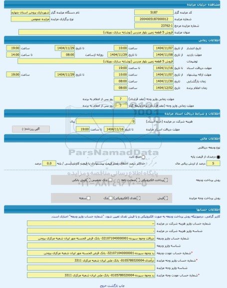 مزایده ، فروش 5 قطعه زمین بلوار مدرس (نوشابه سازی دوپلان) -مزایده زمین  - استان چهار محال و بختیاری
