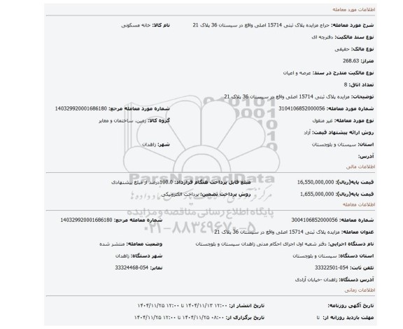 مزایده، مزایده پلاک ثبتی 15714 اصلی واقع در سیستان 36 پلاک 21