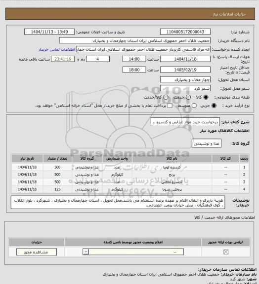 استعلام درخواست خرید مواد غذایی و کنسرو...