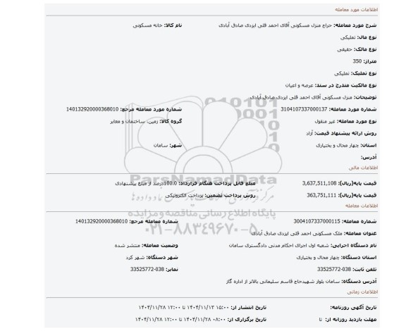 مزایده، منزل مسکونی آقای احمد قلی ایزدی صادق آبادی