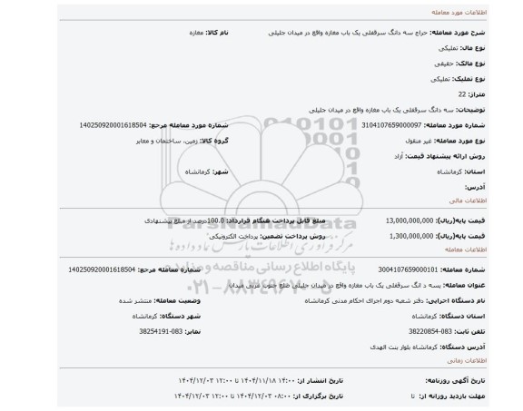 مزایده، سه دانگ سرقفلی یک باب مغازه واقع در میدان جلیلی