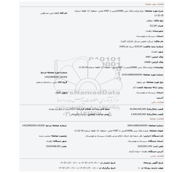 مزایده، مزایده پلاک ثبتی 16566فرعی از 4487 اصلی  –منطقه 11- قطعه شماره 18-22-11