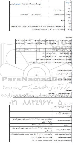 مزایده ، فروش 275قطعه ایرانشهر(کاربری خدماتی) - 22 قطعه فنوج (مسکونی،تجاری و خدماتی)- 28 قطعه قصرقند(تجاری) -مزایده زمین  - استا