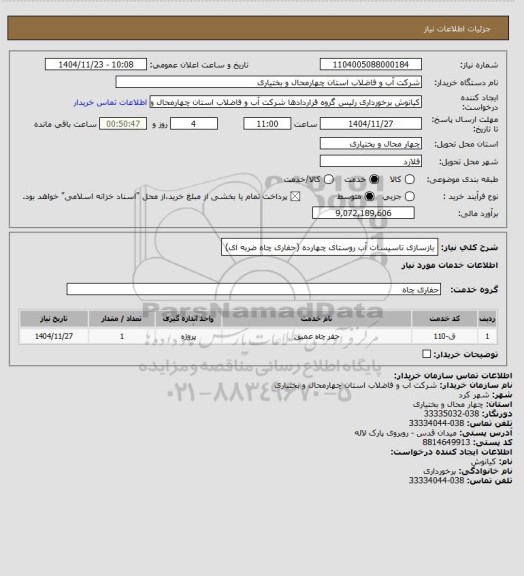 استعلام بازسازی تاسیسات آب روستای چهارده (حفاری چاه ضربه ای)