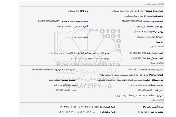 مزایده، فروش 21 حبه از ملک مسکونی