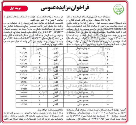 مزایده  (9) نه دستگاه خودروی قابل شماره گذاری و یک دستگاه کمباین سمپو