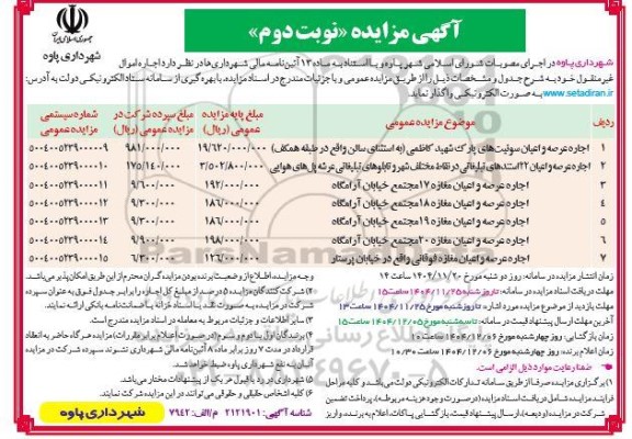 مزایده اجاره اموال غیر منقول - نوبت دوم