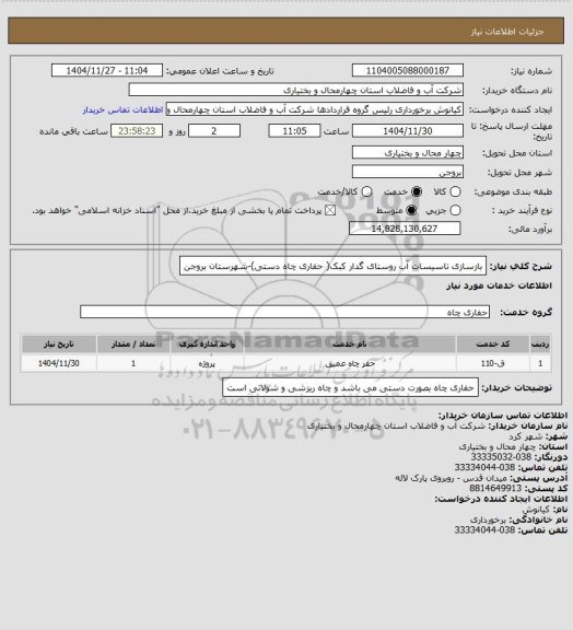 استعلام بازسازی تاسیسات آب روستای گدار کبک( حفاری چاه دستی)-شهرستان بروجن