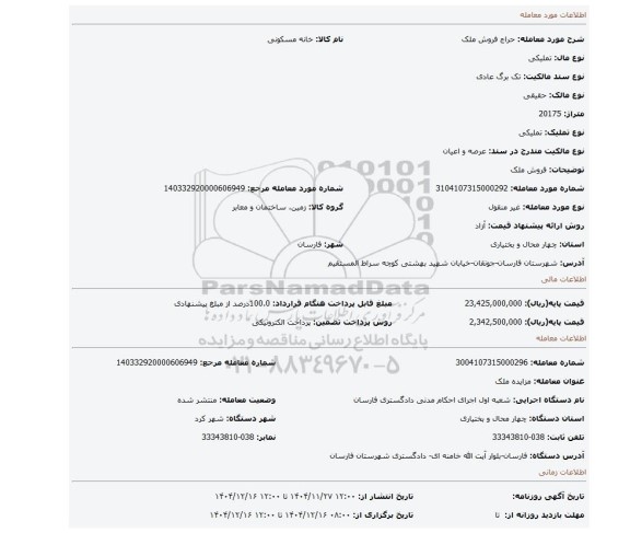 مزایده، فروش ملک