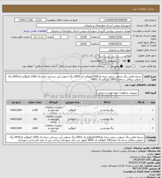 استعلام بسمه تعالی
رنگ جدولی سفید درجه یک1000کیلوگرم کد 0502
رنگ جدولی آبی نیسانی درجه یک 1500 کیلوگرم کد0402
رنگ جدولی پرتقالی درجه یک 150 کیلوگرم کد 0802