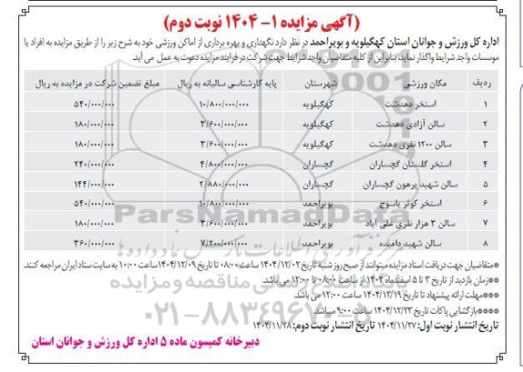 مزایده نگهداری و بهره برداری از اماکن ورزشی - نوبت دوم 