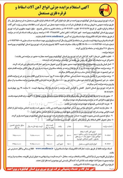 استعلام مزایده جزئی انواع آهن آلات اسقاط و قرقره فلزی مستعمل