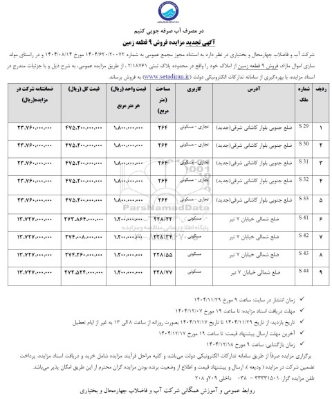 تجدید آگهی مزایده فروش 9 قطعه زمین