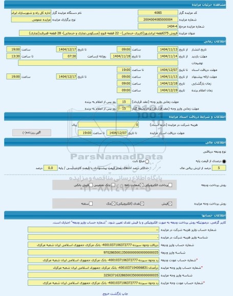 مزایده ، فروش 275قطعه ایرانشهر(کاربری خدماتی) - 22 قطعه فنوج (مسکونی،تجاری و خدماتی)- 28 قطعه قصرقند(تجاری) -مزایده ساختمان  - ا