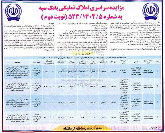 مزایده سراسری املاک تملیکی نوبت دوم 