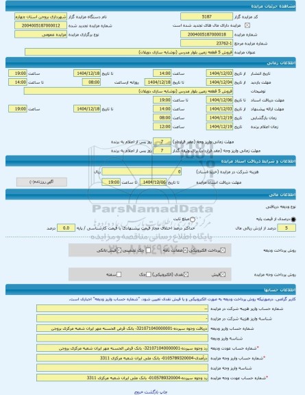 مزایده ، فروش 5 قطعه زمین بلوار مدرس (نوشابه سازی دوپلان) -مزایده زمین  - استان چهار محال و بختیاری
