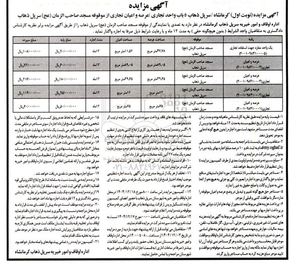 آگهی مزایده اجاره  5 باب واحد تجاری عرصه و اعیان تجاری