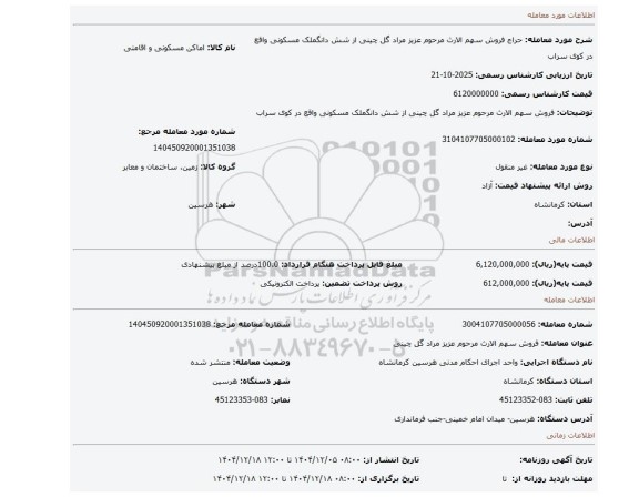 مزایده، فروش سهم الارث مرحوم عزیز مراد گل چینی از شش دانگملک مسکونی واقع در کوی سراب