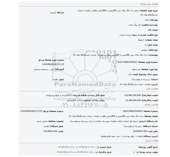 مزایده، سه دانگ پلاک ثبتی 58فرعی از 385اصلی واقع در زاهدان- خیابان دانشگاه63 پلاک 14