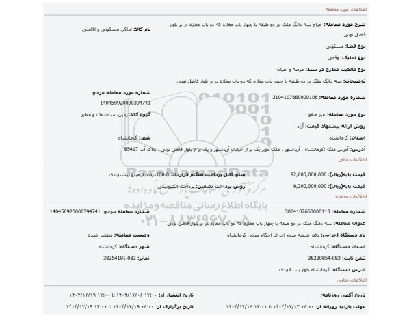 مزایده، سه دانگ ملک  در دو طبقه با چهار باب مغازه که دو باب مغازه در بر بلوار فاضل تونی