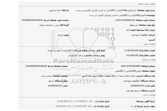 مزایده، فروش1469فرعی از 292اصلی  به ادرس  امیرکبیر 1فرعی ابن بست