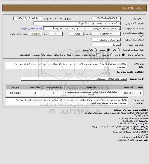 استعلام واگذاری داروخانه های مراکز خدمات جامع سلامت تحت پوشش شبکه بهداشت و درمان شهرستان کوهرنگ به بخش خصوصی