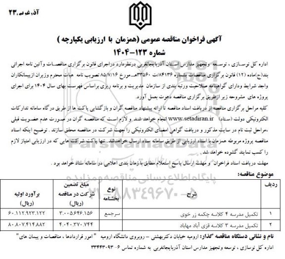 مناقصه تکمیل مدرسه 4 کلاسه....