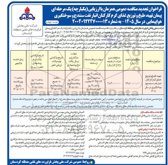 تجدید مناقصه پیمان تهیه، طبخ و توزیع غذای گرم کارکنان انبار نفت / نوبت چهارم