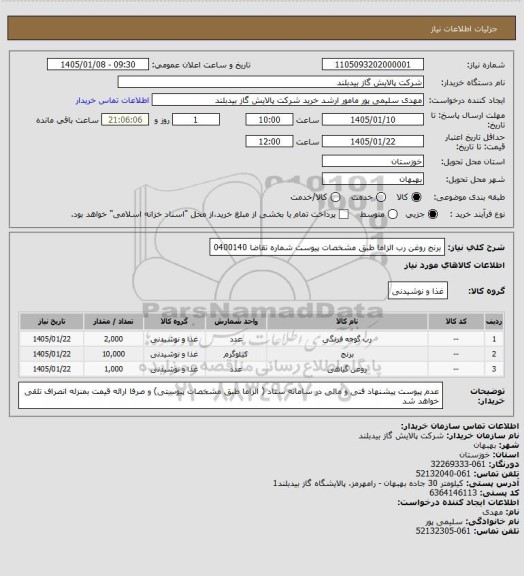 استعلام برنج روغن رب  الزاما طبق مشخصات   پیوست شماره تقاضا  0400140