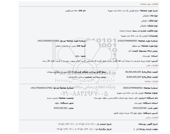 مزایده، فروش یک باب خانه بابت مهریه