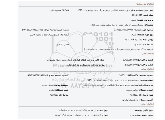 مزایده، سواری سمند ال ایکس بنزینی به  رنگ سفید روغنی مدل 1395