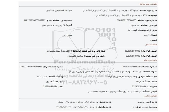 مزایده، 435 سهم مشاع از 458 پلاک ثبتی 45 فرعی از 282 اصلی
