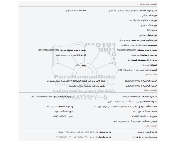 مزایده، فروش یک باب منزل مسکونی