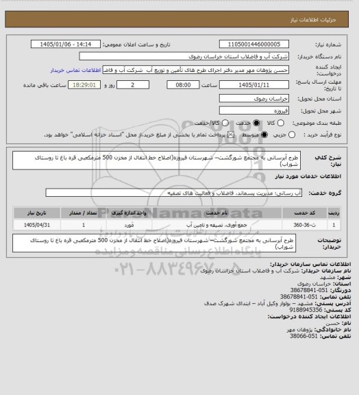 استعلام طرح آبرسانی به مجتمع شورگشت– شهرستان فیروزه(اصلاح خط انتقال از مخزن 500 مترمکعبی قره باغ تا روستای شوراب)