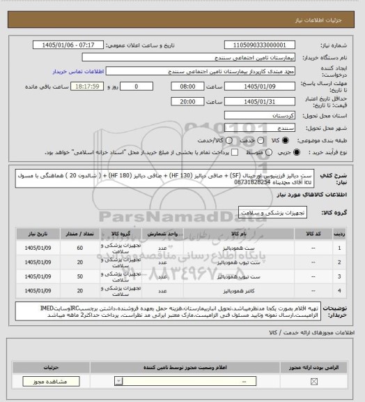 استعلام ست دیالیز فرزینیوس اورجینال (SF) + صافی دیالیز (HF 130) + صافی دیالیز (HF 180) + ( شالدون 20 ) هماهنگی با مسول icu آقای محمدپناه 08731828254