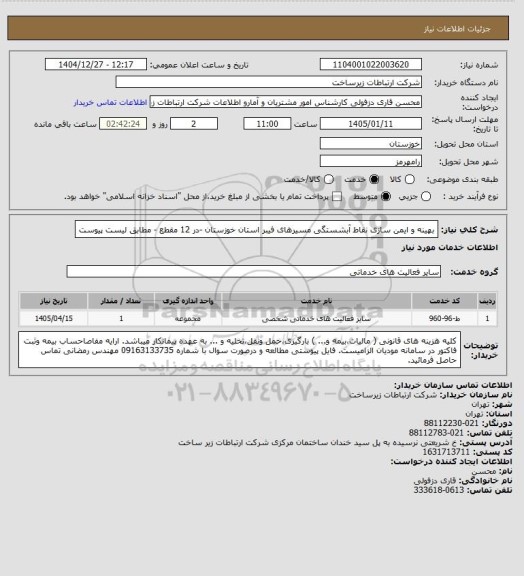 استعلام بهینه و ایمن سازی نقاط آبشستگی مسیرهای فیبر استان خوزستان -در 12 مقطع - مطابق لیست پیوست