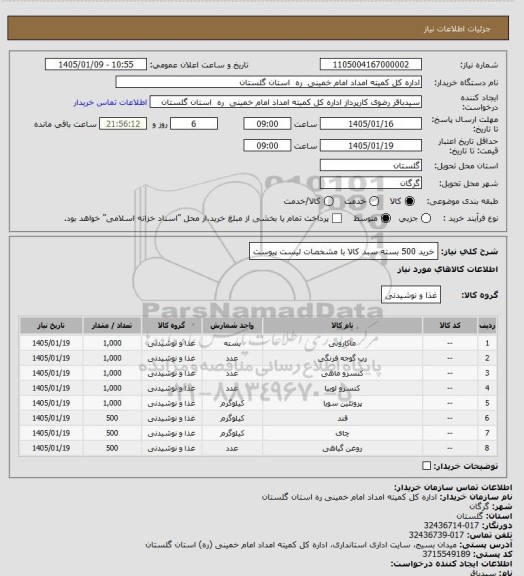استعلام خرید 500 بسته سبد کالا با مشخصات لیست پیوست