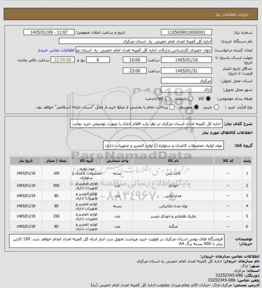 استعلام اداره کل کمیته امداد استان مرکزی در نظر دارد اقلام اداری را بصورت توصیفی خرید نماید.
