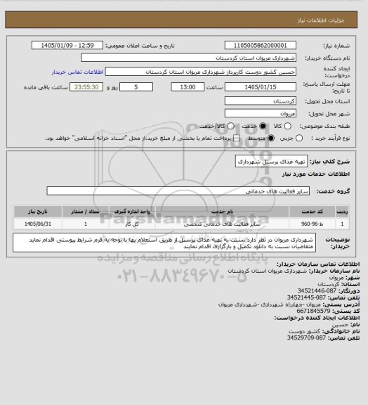 استعلام تهیه غذای پرسنل شهرداری