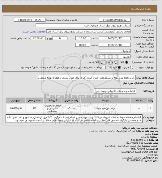 استعلام خرید ۵۵۵ عدد انواع ترانسفورماتور جریان اندازه گیری برای کنترل پذیری تابلوهای توزیع عمومی