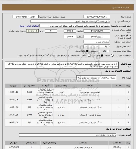 استعلام 1-خرید جدول بتنی خوابیده و ایستاده به ابعاد 30*50*15 
2-خرید آبرو میانی به ابعاد 30*20
3-خرید بتن پلاک ساده و 30*30 قرمز و بساوایی به ابعاد 30*30